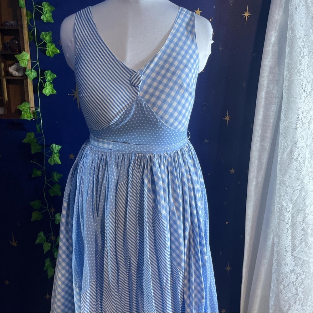 Unique Vintage Blue Checkered and Polka Dot Midi Dress